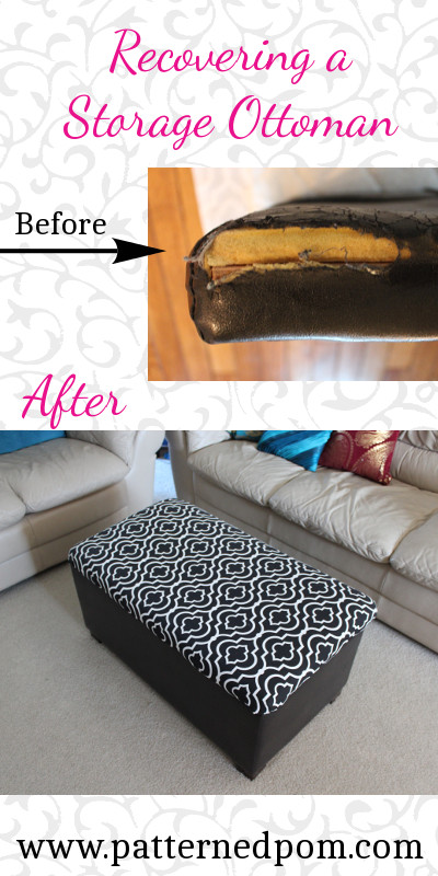 Reupolstering a storage ottoman with one yard of fun patterned fabric makes a fresh update to the living room decor. Easy DIY Furniture Makeover.